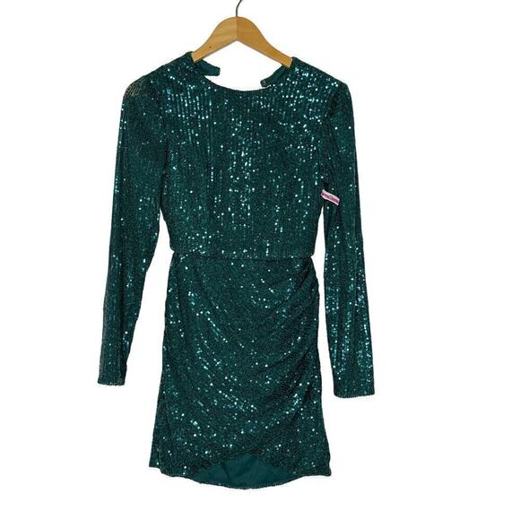 Ieena for Mac Duggal Dress Sequined Long Sleeve Open Back Ruched Green NWT 4 - Picture 4 of 10